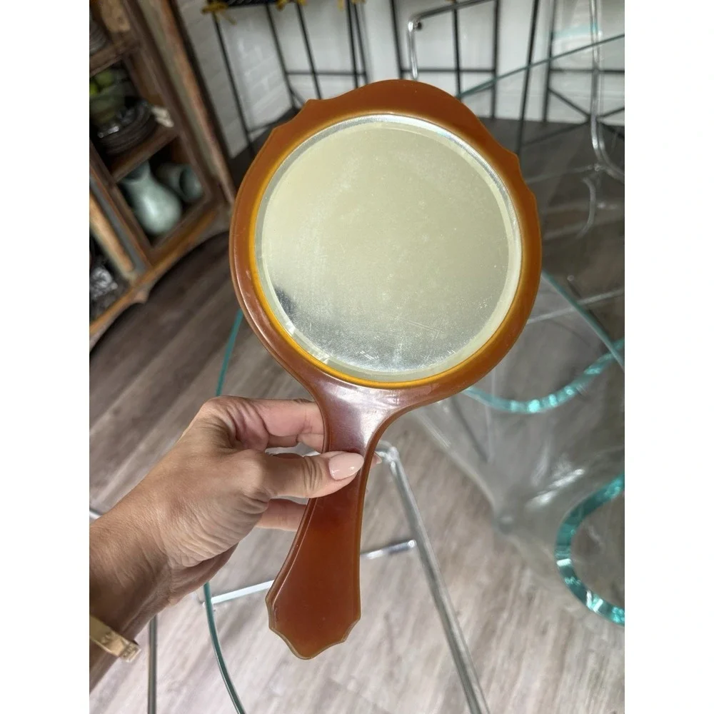 Vintage Amber Orange Bakelite Lucite Acrylic Handheld‎ Mirror